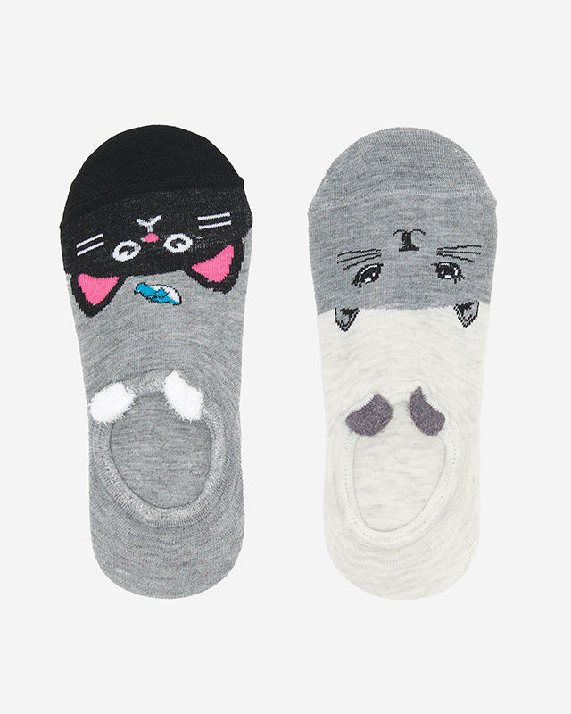 Šedé a béžové dámské ponožky s potiskem se 2 kočkami / balení - Spodní prádlo