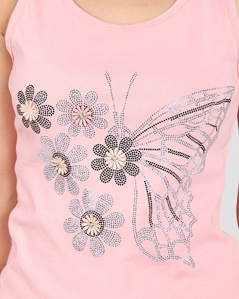 Světle růžový dámský top s motýlem a květinami - Oblečení
