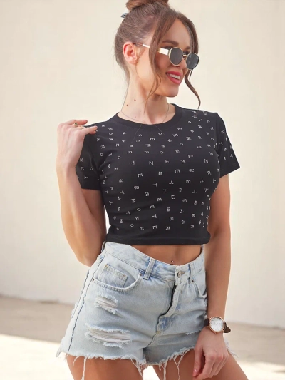 Dámský crop top Royalfashion z bavlny s kamínky a nápisy