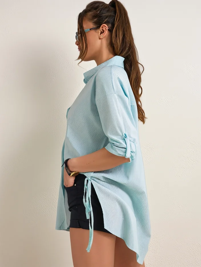 Royalfashion Dámská delší bavlněná pruhovaná košile s páskem v pase