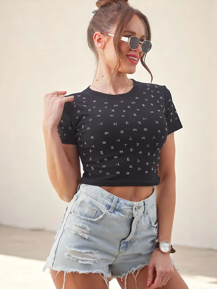 Dámský crop top Royalfashion z bavlny s kamínky a nápisy