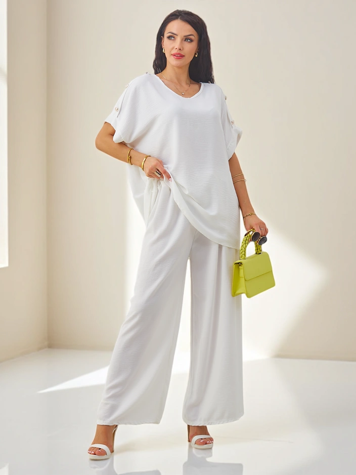 Royalfashion Damský bavlněný dvoudílný set s krátkými rukávy a širokými kalhotami