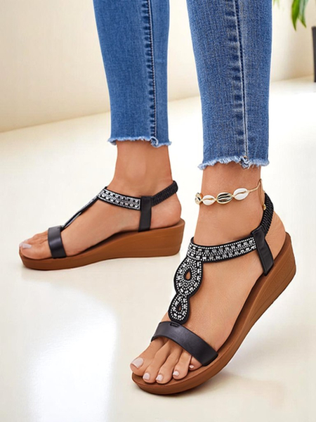 Sandály Klínky Perseida Royalfashion černé z eko-kůže s krystalky 4,5cm