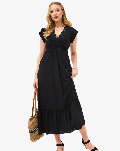 Dámské černé dlouhé šaty s krajkou - Oblečení