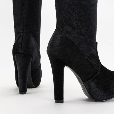 Černé velurové kozačky Nubi nad kolena na vysokém podpatku - Obuv