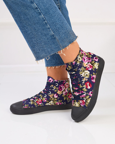 Royalfashion Dámské vysoké tmavě modré tenisky s barevnými květy Soxic