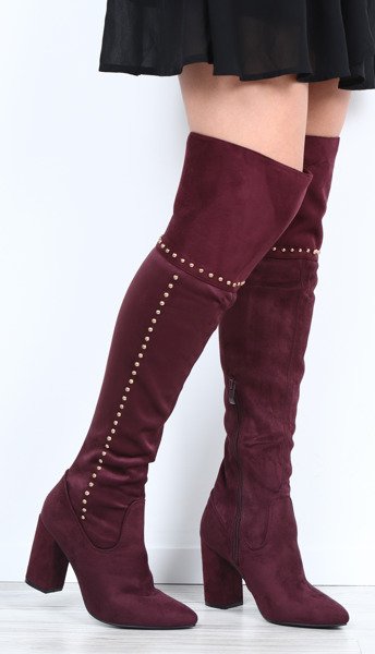 Bordowe kozaki na słupku - Obuwie