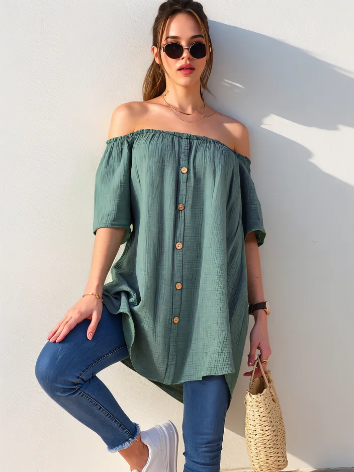 Royalfashion Bavlněná dámská blůza a'la španělská s dekorativními knoflíky