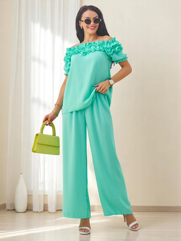 Royalfashion Dámská souprava s topem bez ramínek s krátkým rukávem a ozdobným výstřihem, a rozšířenými kalhotami