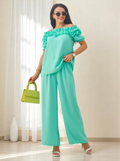 Royalfashion Dámská souprava s topem bez ramínek s krátkým rukávem a ozdobným výstřihem, a rozšířenými kalhotami