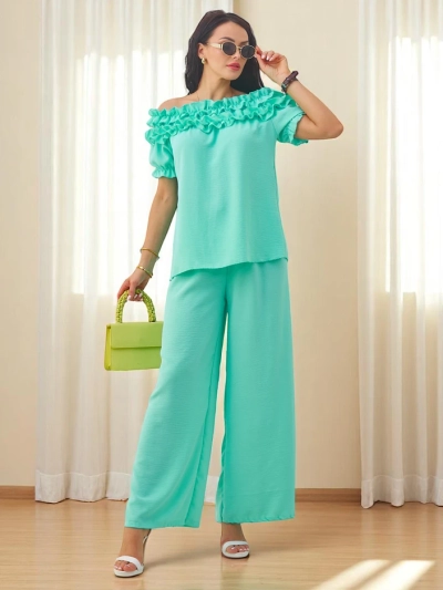 Royalfashion Dámská souprava s topem bez ramínek s krátkým rukávem a ozdobným výstřihem, a rozšířenými kalhotami