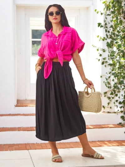 Royalfashion Dámská tkaná midi sukně, letní a splývavá s dvěma kapsami