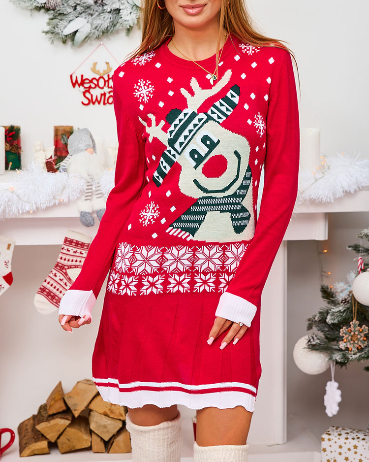 Royalfashion Red Christmas Sweater Women's Mini Dress with Reindeer